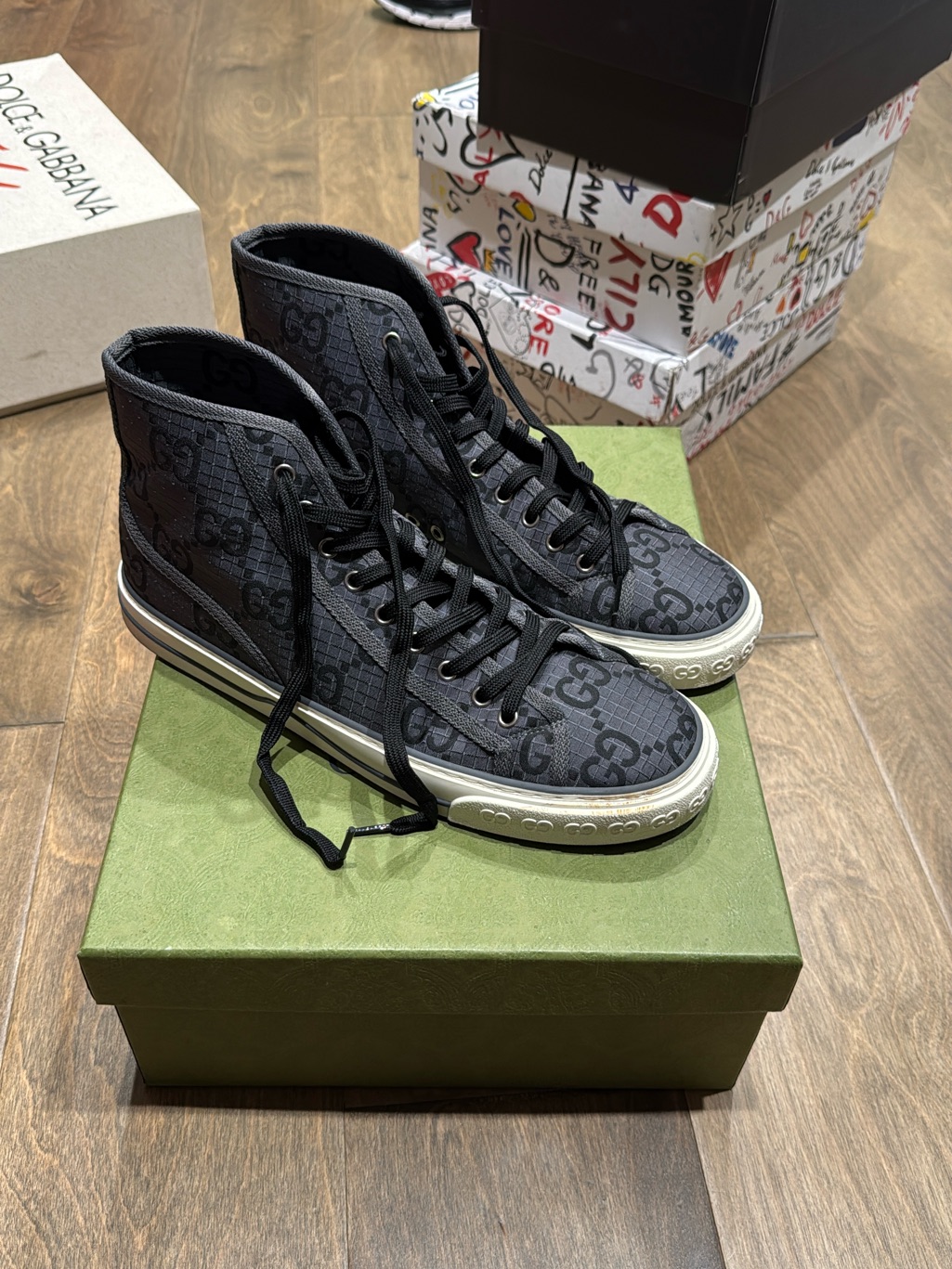 Gucci Black Gg Canvas High-Top Sneakers With White Trim
